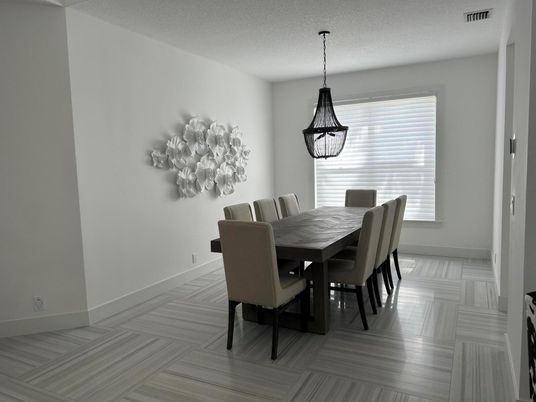 Dining room, Interior, Pendant Lights, Wood Texture Flooring