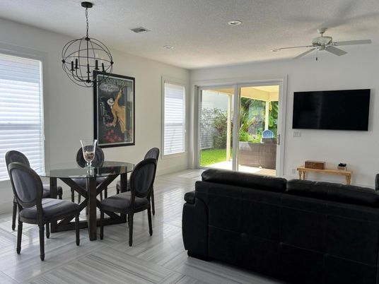 Dining room, Interior, Living room, Pendant Lights, Recessed Lighting, Wood Texture Flooring