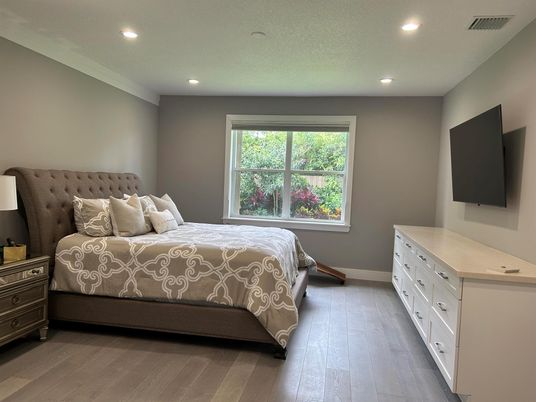Bedroom, Interior, Recessed Lighting, Wood Texture Flooring