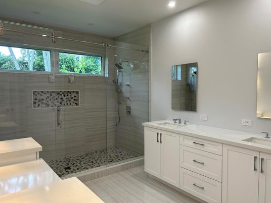 Bathroom, Dual Sink Vanities, Glass Shower, Interior, Recessed Lighting