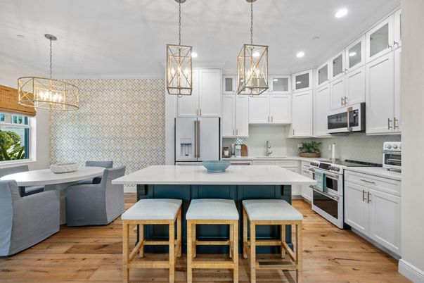 Dining room, Interior, Kitchen, Pendant Lights, Recessed Lighting, Stainless Steel Appliances, Wood Texture Flooring