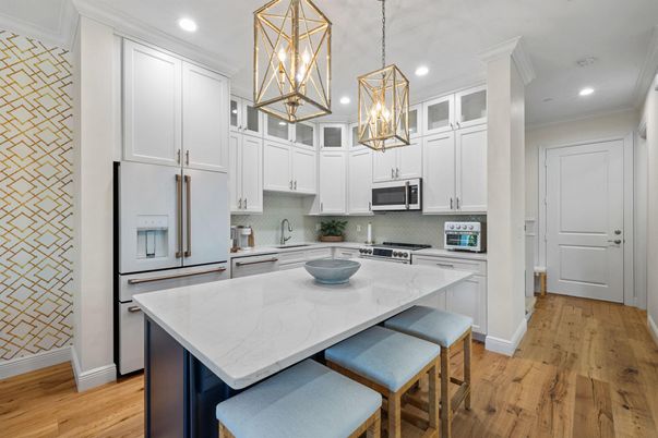 Interior, Kitchen, Pendant Lights, Recessed Lighting, Stainless Steel Appliances, Wood Texture Flooring