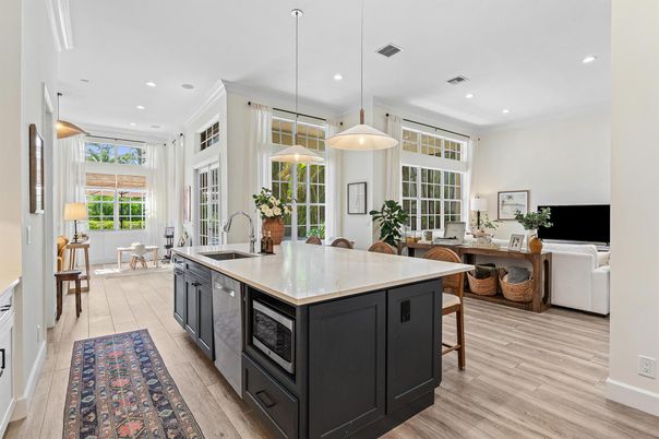 Interior, Kitchen, Living room, Pendant Lights, Recessed Lighting, Wood Texture Flooring