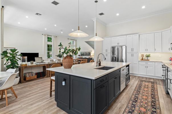 Interior, Kitchen, Pendant Lights, Recessed Lighting, Stainless Steel Appliances, Wood Texture Flooring