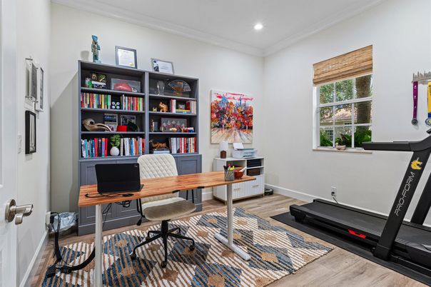 Fitness Equipment, Home Office, Interior, Recessed Lighting, Wood Texture Flooring