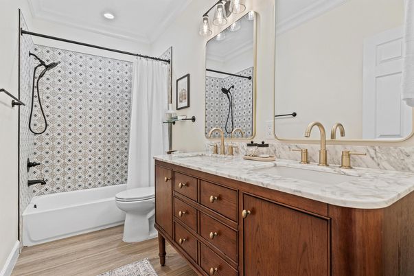 Bathroom, Dual Sink Vanities, Interior, Recessed Lighting, Wood Texture Flooring