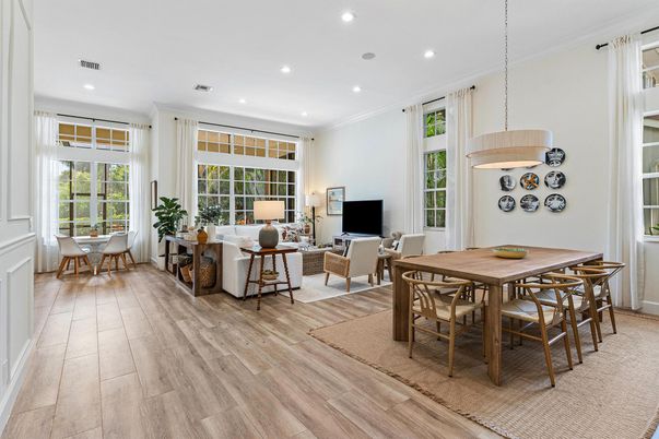 Dining room, Interior, Living room, Pendant Lights, Recessed Lighting, Wood Texture Flooring