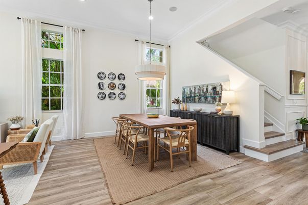 Dining room, Interior, Pendant Lights, Recessed Lighting, Wood Texture Flooring