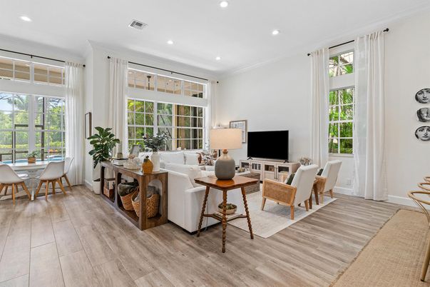 Dining room, Interior, Living room, Recessed Lighting, Wood Texture Flooring
