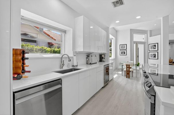 Dining room, Interior, Kitchen, Recessed Lighting, Stainless Steel Appliances, Wood Texture Flooring