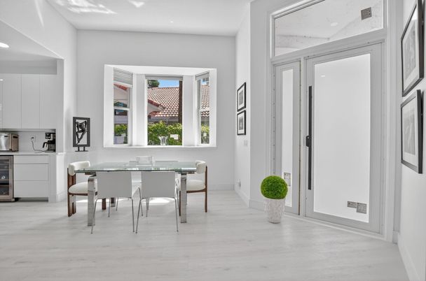 Dining room, Interior, Recessed Lighting, Wood Texture Flooring