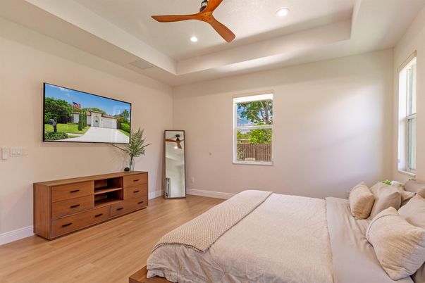 Bedroom, Interior, Recessed Lighting, Wood Texture Flooring