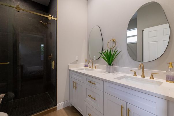 Bathroom, Dual Sink Vanities, Glass Shower, Interior, Wood Texture Flooring