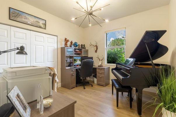 Home Office, Interior, Pendant Lights, Piano, Wood Texture Flooring