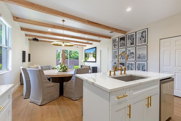 Dining room, Interior, Kitchen, Pendant Lights, Recessed Lighting, Wooden Beams, Wood Texture Flooring