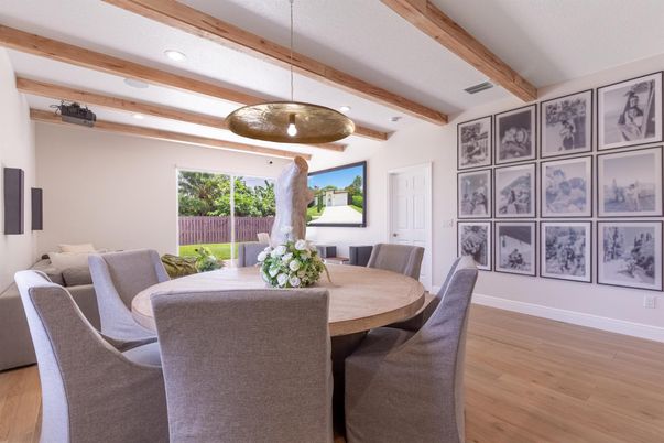 Dining room, Interior, Pendant Lights, Recessed Lighting, Wooden Beams, Wood Texture Flooring