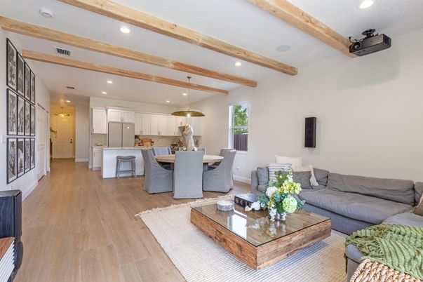 Dining room, Interior, Kitchen, Living room, Pendant Lights, Recessed Lighting, Wooden Beams, Wood Texture Flooring