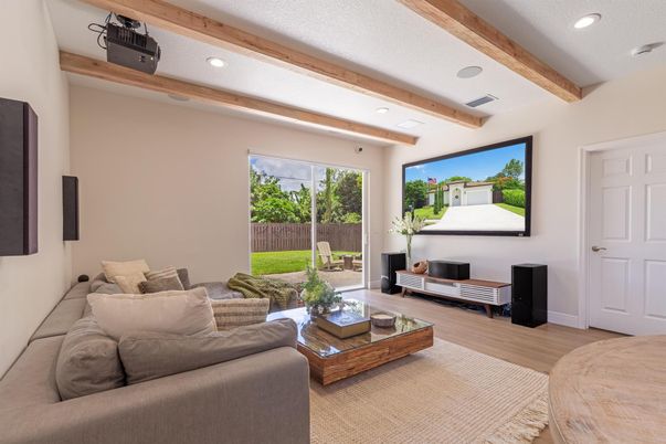 Interior, Living room, Recessed Lighting, Wooden Beams, Wood Texture Flooring