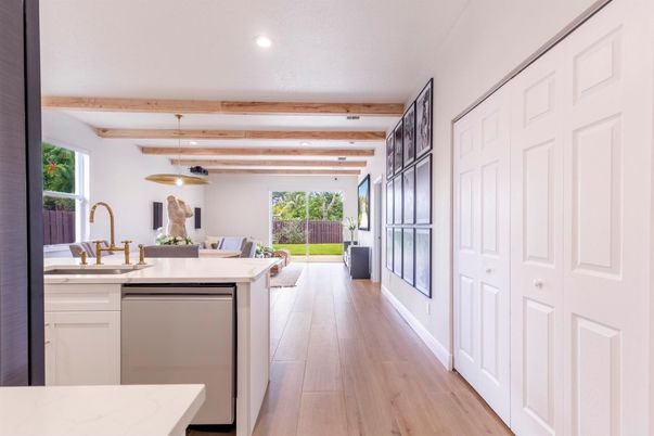 Interior, Kitchen, Pendant Lights, Recessed Lighting, Wooden Beams, Wood Texture Flooring