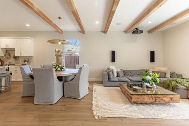 Dining room, Interior, Kitchen, Living room, Pendant Lights, Recessed Lighting, Wooden Beams, Wood Texture Flooring