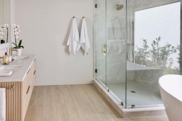 Bathroom, Glass Shower, Interior, Wood Texture Flooring
