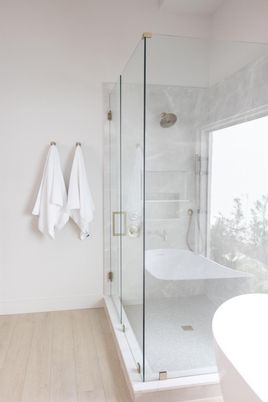 Bathroom, Glass Shower, Interior, Wood Texture Flooring