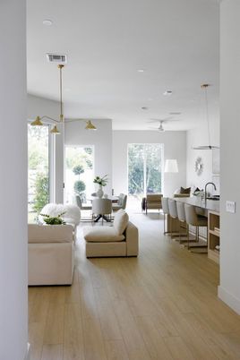 Dining room, Interior, Living room, Pendant Lights, Recessed Lighting, Wood Texture Flooring