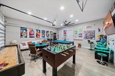 Billiard Table, Game Room, Interior, Pendant Lights, Recessed Lighting, Wood Texture Flooring
