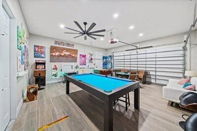 Billiard Table, Game Room, Interior, Pendant Lights, Recessed Lighting, Wood Texture Flooring