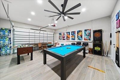 Billiard Table, Game Room, Interior, Recessed Lighting, Wood Texture Flooring