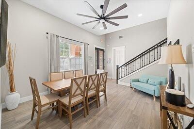 Dining room, Interior, Recessed Lighting, Wood Texture Flooring