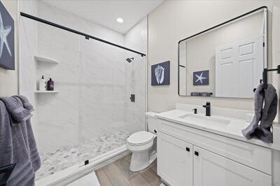 Bathroom, Glass Shower, Interior, Recessed Lighting, Wood Texture Flooring