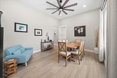 Dining room, Interior, Recessed Lighting, Wood Texture Flooring