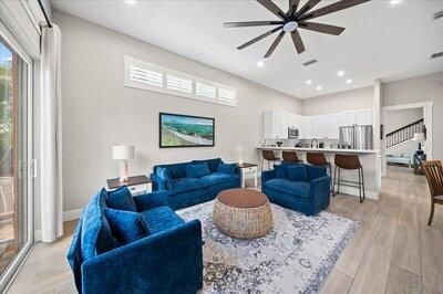 Interior, Kitchen, Living room, Recessed Lighting, Stainless Steel Appliances, Wood Texture Flooring