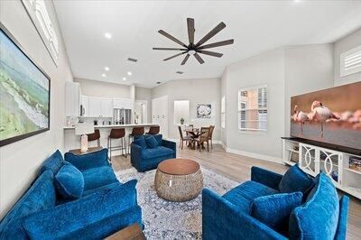 Dining room, Interior, Kitchen, Living room, Pendant Lights, Recessed Lighting, Stainless Steel Appliances, Wood Texture Flooring