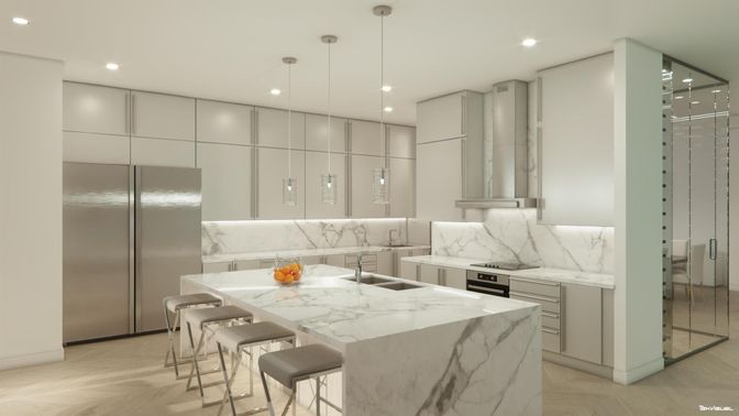 Interior, Kitchen, Marble Walls, Pendant Lights, Recessed Lighting, Stainless Steel Appliances, Wood Texture Flooring
