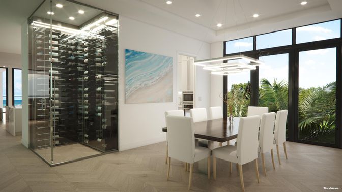 Dining room, Interior, Pendant Lights, Recessed Lighting, Wine Storage, Wood Texture Flooring