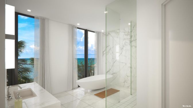 Bathroom, Free Standing Baths, Glass Shower, Interior, Marble, Marble Walls, Recessed Lighting, Water