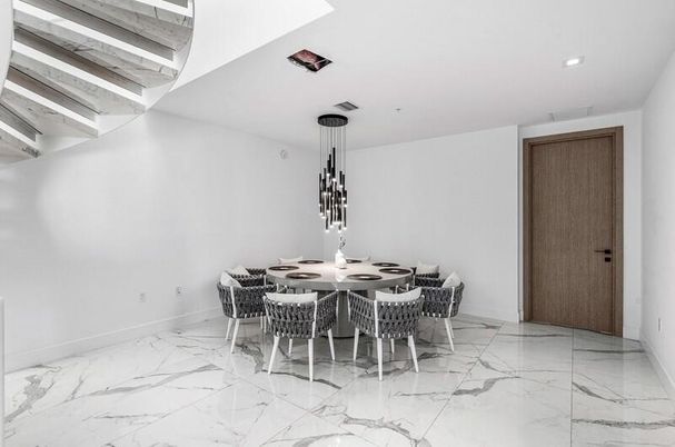 Dining room, Interior, Marble, Pendant Lights, Recessed Lighting