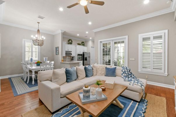 Chandelier, Dining room, Interior, Kitchen, Living room, Recessed Lighting, Stainless Steel Appliances, Wood Texture Flooring