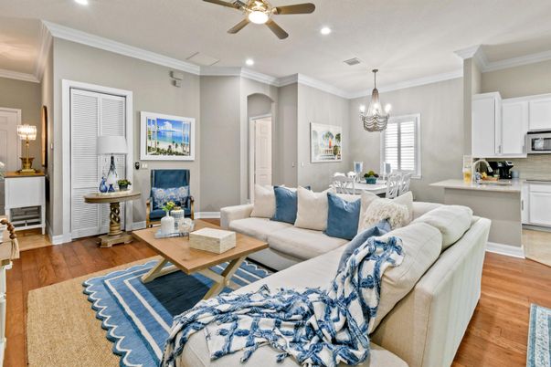 Chandelier, Dining room, Interior, Kitchen, Living room, Recessed Lighting, Wood Texture Flooring