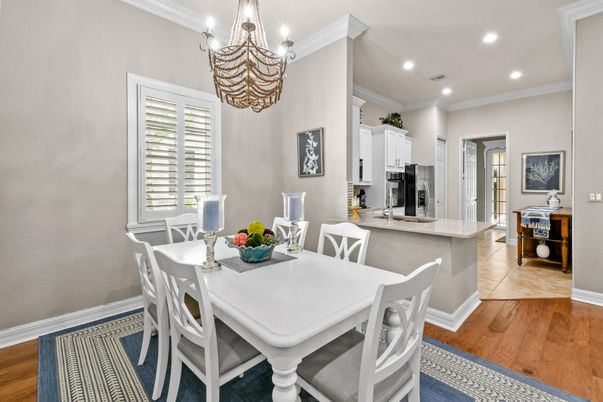 Chandelier, Dining room, Interior, Kitchen, Recessed Lighting, Wood Texture Flooring