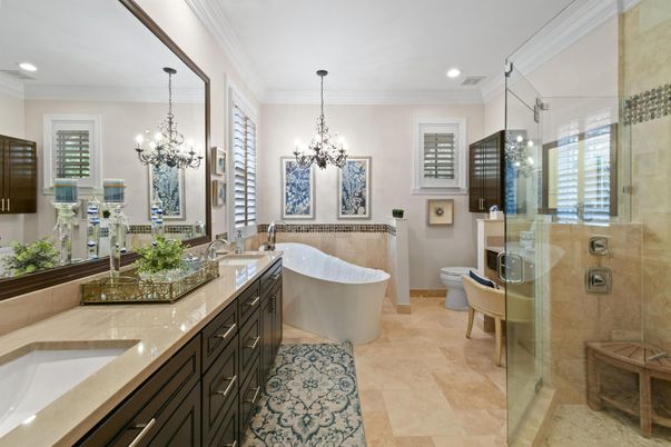 Bathroom, Chandelier, Dual Sink Vanities, Free Standing Baths, Glass Shower, Interior, Recessed Lighting