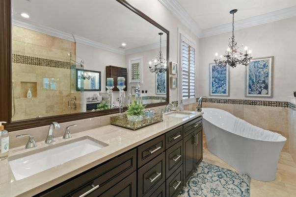 Bathroom, Chandelier, Dual Sink Vanities, Free Standing Baths, Glass Shower, Interior, Recessed Lighting