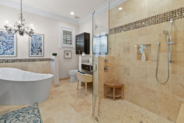 Bathroom, Chandelier, Free Standing Baths, Glass Shower, Interior, Recessed Lighting