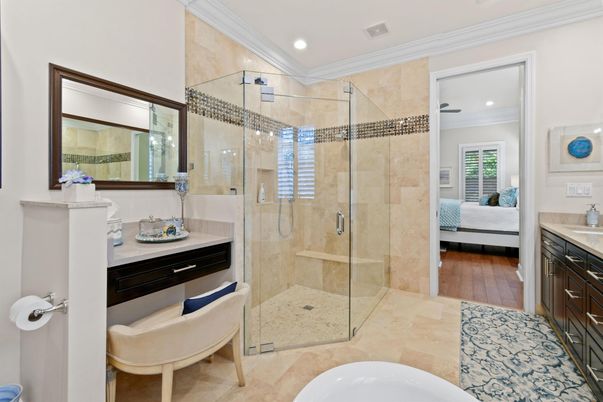 Bathroom, Bedroom, Glass Shower, Interior, Recessed Lighting, Wood Texture Flooring