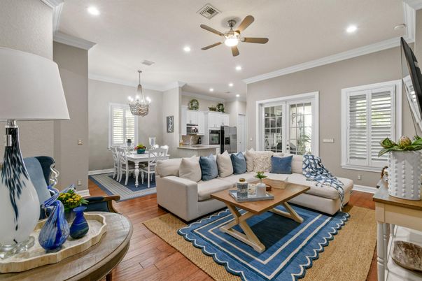 Chandelier, Dining room, Interior, Kitchen, Living room, Recessed Lighting, Stainless Steel Appliances, Wood Texture Flooring