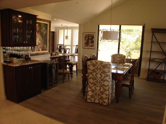 Dining room, Interior, Pendant Lights, Recessed Lighting, Wood Texture Flooring
