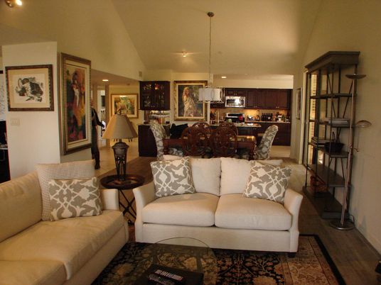 Dining room, Interior, Kitchen, Living room, Pendant Lights, Recessed Lighting, Stainless Steel Appliances, Wood Texture Flooring