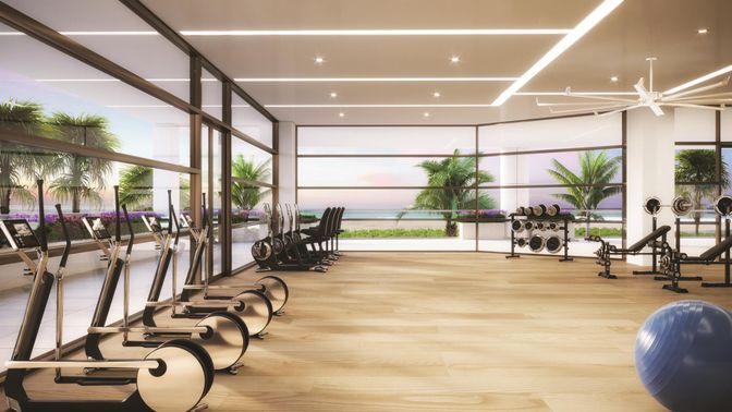Fitness Equipment, Gym, Interior, Recessed Lighting, Wood Texture Flooring